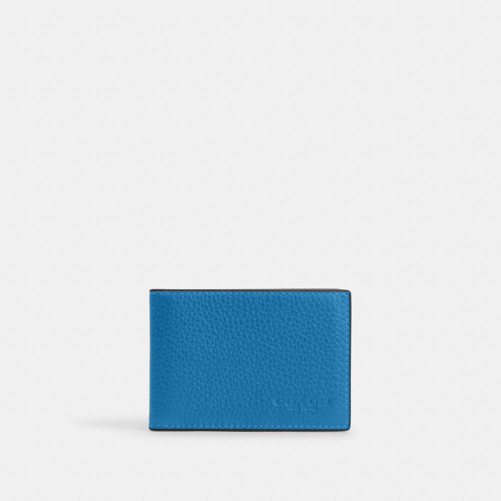 COACH®,COMPACT BILLFOLD WALLET,Pebbled Leather,Gunmetal/Blue Jay,Front View