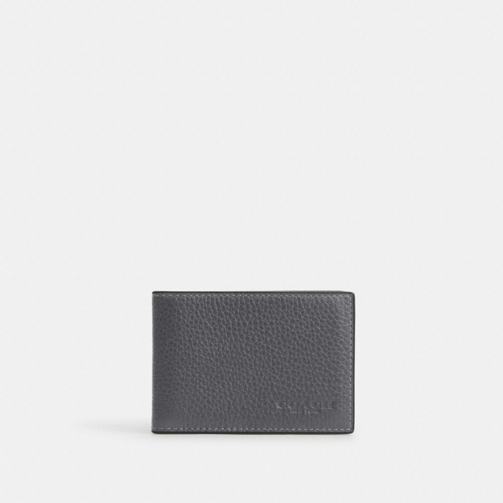 COACH®,COMPACT BILLFOLD WALLET,Pebbled Leather,Gunmetal/Industrial Grey,Front View