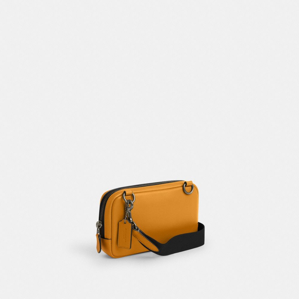 COACH®,Carrier Phone Crossbody,Leather,Calfskin Leather,Crossbody,Gunmetal,Casual,Mustard,Angle View