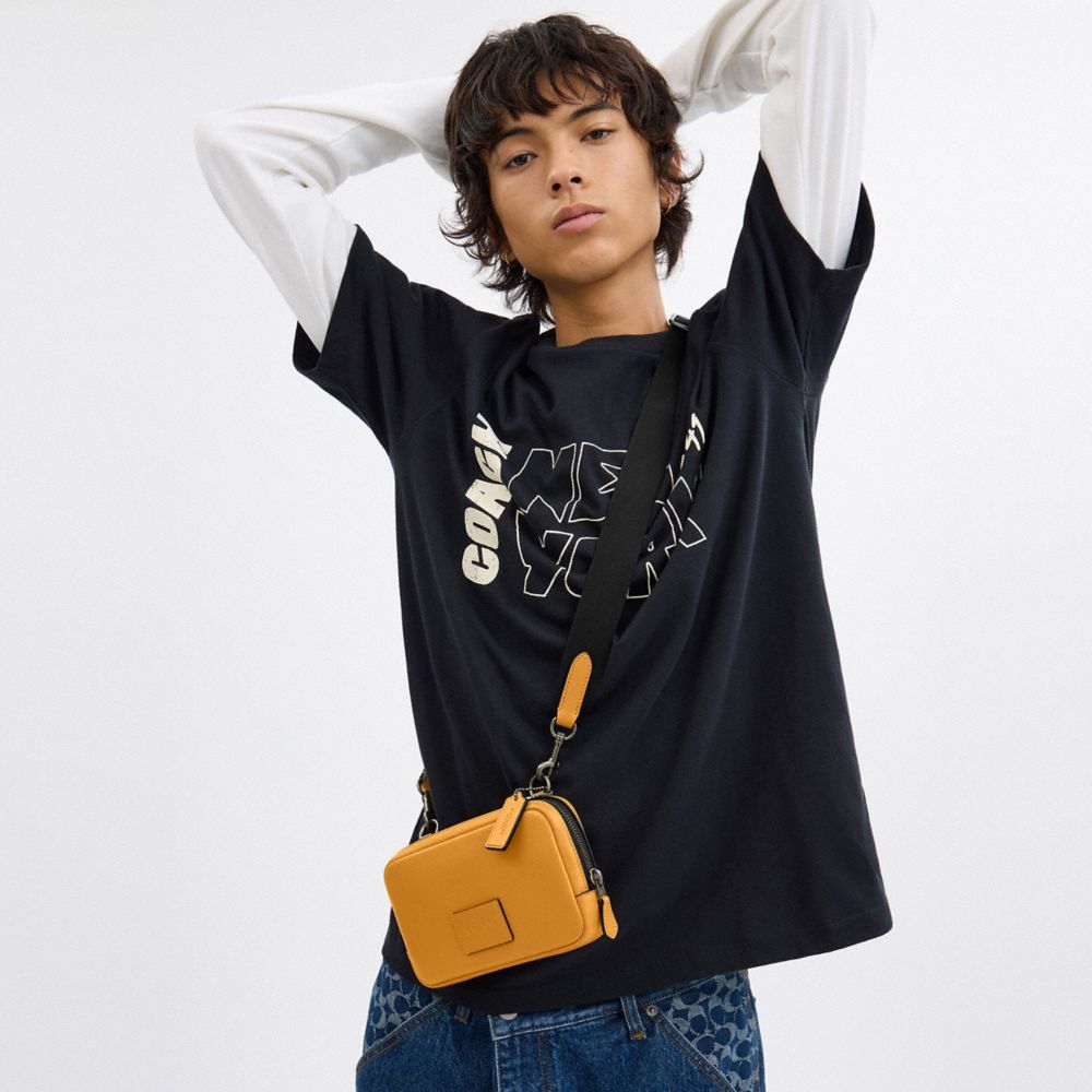 COACH®,Carrier Phone Crossbody,Leather,Calfskin Leather,Crossbody,Gunmetal,Casual,Mustard,Detail View