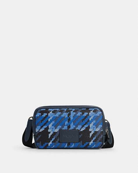 COACH®,CARRIER PHONE CROSSBODY WITH PLAID PRINT,Coated Canvas,Mini,Gunmetal/Denim Multi,Front View