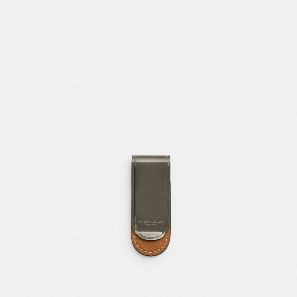 COACH®,MONEY CLIP,Crossgrain Leather,Gunmetal/Light Saddle,Front View