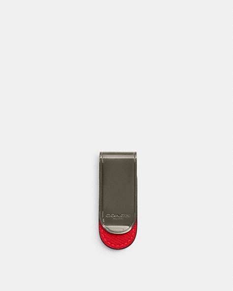 COACH®,MONEY CLIP,Leather,Black Antique Nickel/Bright Poppy,Front View
