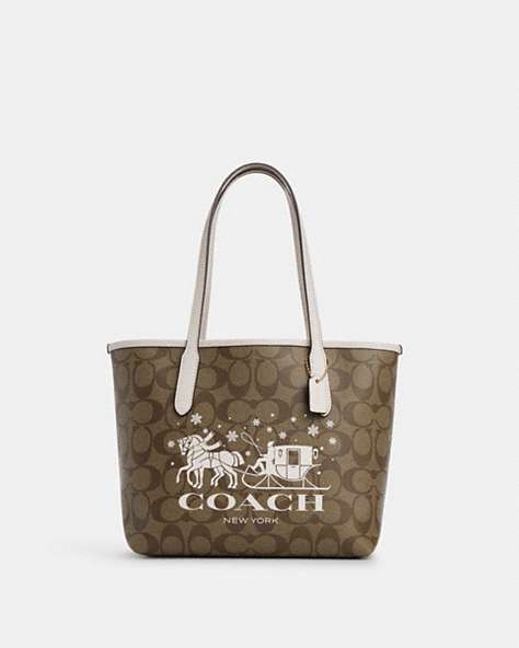 COACH®,MINI CITY TOTE IN SIGNATURE CANVAS WITH HORSE AND SLEIGH,Coated Canvas,Medium,Gold/Khaki/Chalk,Front View