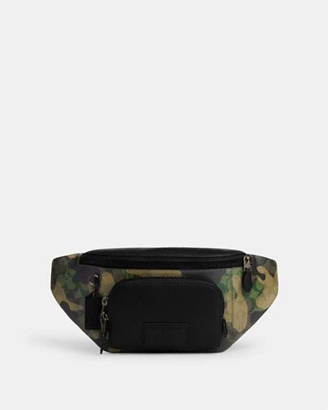 COACH®,TRACK BELT BAG IN SIGNATURE CANVAS WITH CAMO PRINT,Signature Coated Canvas,Medium,Gunmetal/Green Multi,Front View