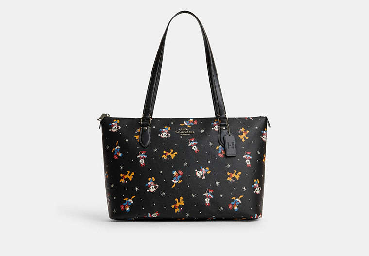 COACH®,DISNEY X COACH GALLERY TOTE WITH HOLIDAY PRINT,Other,Large,Gunmetal/Black Multi,Front View