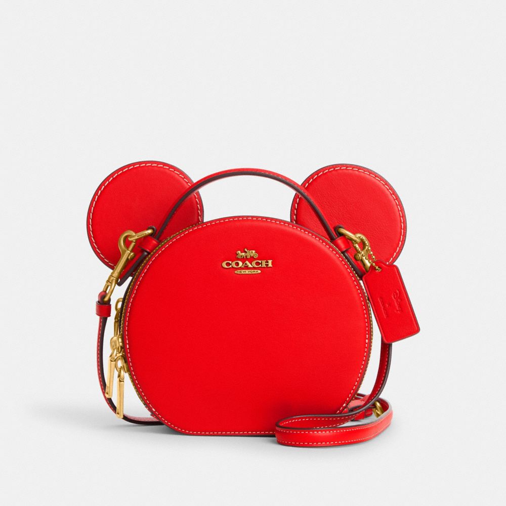 COACH®,DISNEY X COACH MICKEY MOUSE EAR BAG,Smooth Leather,Medium,Brass/Electric Red,Front View