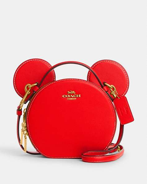 COACH®,DISNEY X COACH MICKEY MOUSE EAR BAG,Leather,Brass/Electric Red,Front View