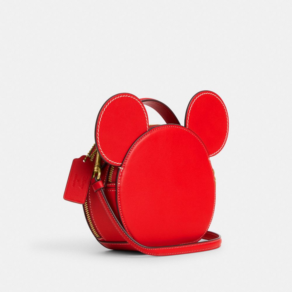 COACH®,DISNEY X COACH MICKEY MOUSE EAR BAG,Smooth Leather,Medium,Brass/Electric Red,Angle View