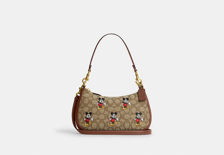 COACH®,DISNEY X COACH TERI SHOULDER BAG IN SIGNATURE JACQUARD WITH MICKEY MOUSE PRINT,Jacquard,Brass/Khaki/Redwood Multi,Front View