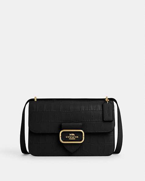 COACH®,LARGE MORGAN SQUARE CROSSBODY BAG,Embossed Leather,Medium,Gold/Black,Front View