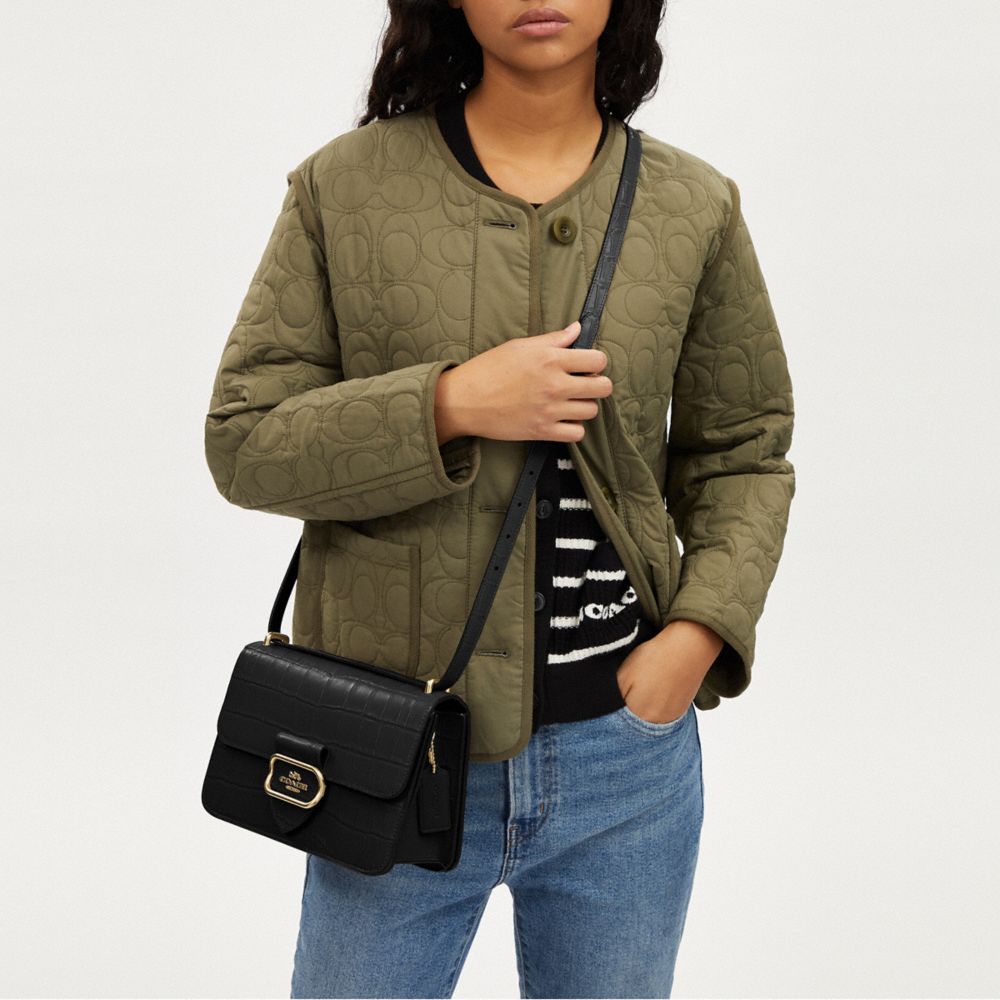 COACH®,Large Morgan Square Crossbody Bag,Leather,Crossbody,Gusset,Gold Metal,Casual,Black,Detail View