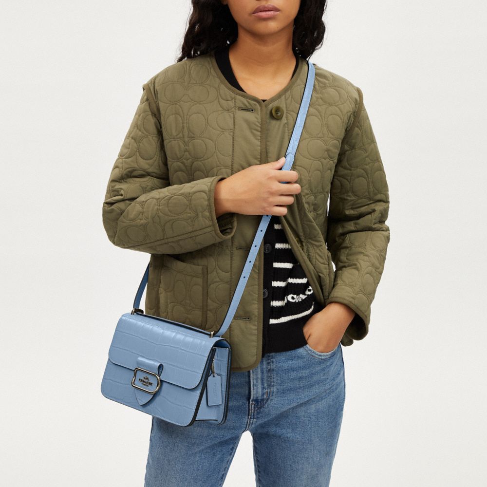 COACH®,Large Morgan Square Crossbody Bag,Leather,Crossbody,Gusset,Gold Metal,Casual,Blue,Detail View