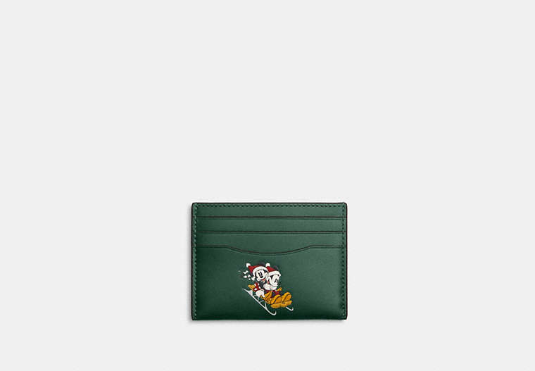 COACH®,DISNEY X COACH SLIM ID CARD CASE WITH WINTER MOTIF,Leather,Gunmetal/Dark Pine Multi,Front View image number 0