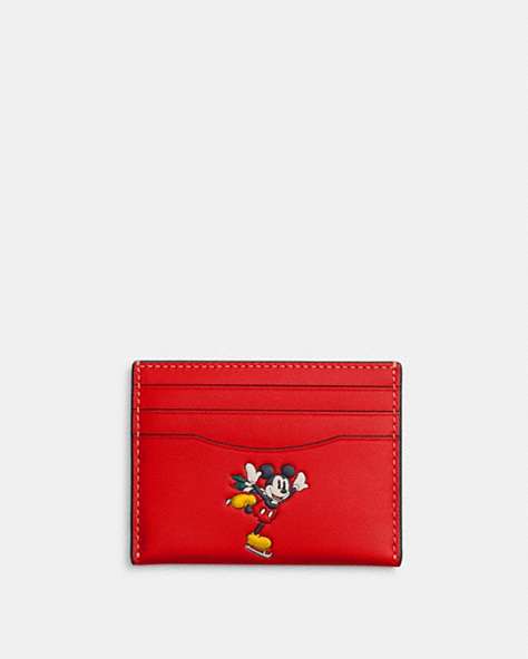 COACH®,DISNEY X COACH SLIM ID CARD CASE WITH WINTER MOTIF,Leather,Black Antique Nickel/Electric Red Multi,Front View