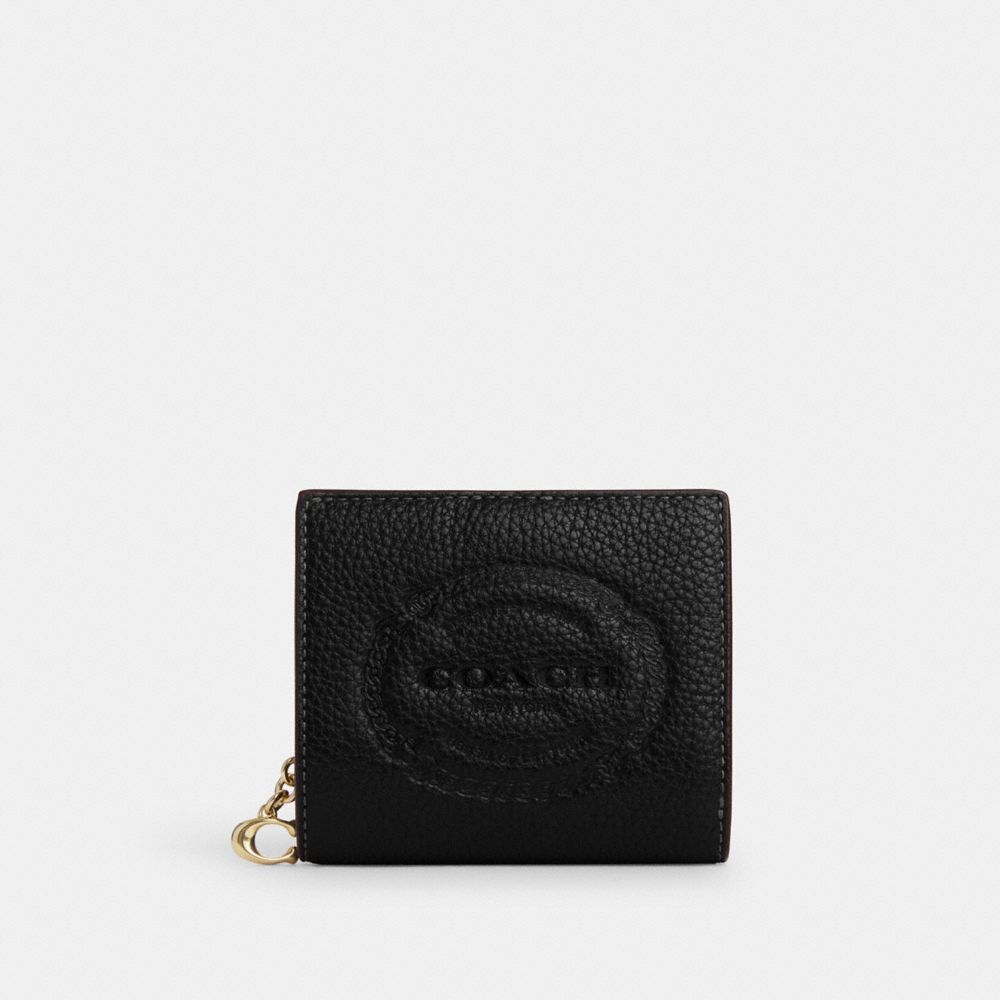 COACH®,SNAP WALLET WITH COACH HERITAGE,Novelty Leather,Mini,Gold/Black,Front View