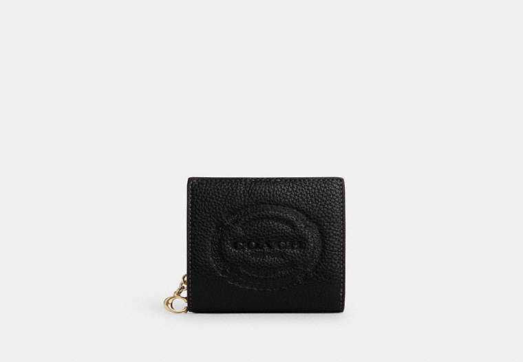 COACH®,SNAP WALLET WITH COACH HERITAGE,Leather,Mini,Gold/Black,Front View
