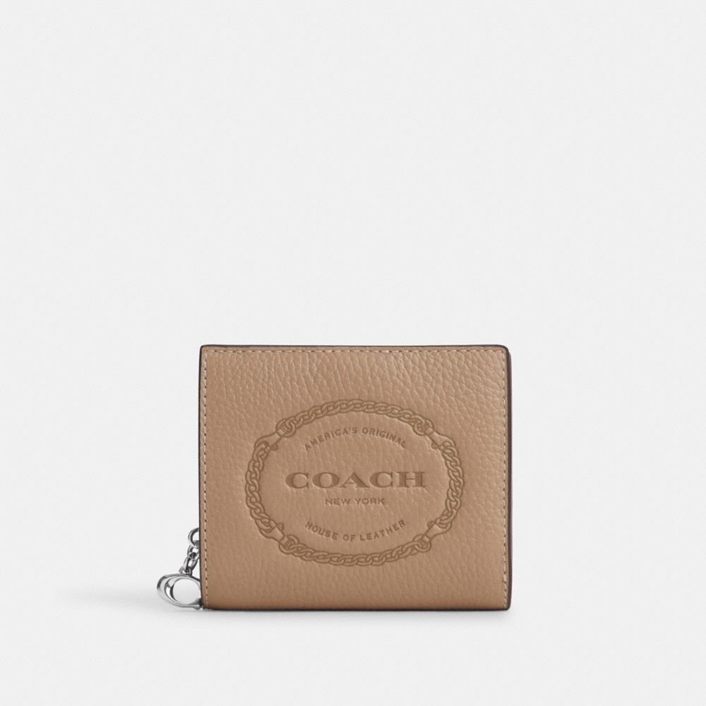 COACH®,SNAP WALLET WITH COACH HERITAGE,Novelty Leather,Mini,Silver/Taupe,Front View