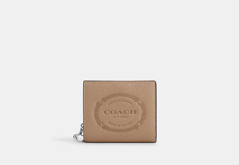 COACH®,SNAP WALLET WITH COACH HERITAGE,Leather,Silver/Taupe,Front View image number 0