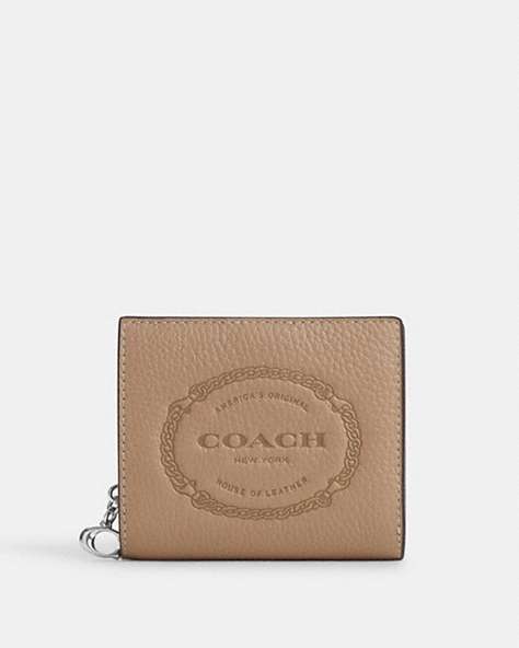 COACH®,SNAP WALLET WITH COACH HERITAGE,Leather,Silver/Taupe,Front View