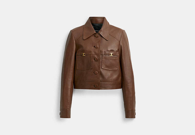 COACH®,SHRUNKEN LEATHER JACKET,Brown,Front View image number 0