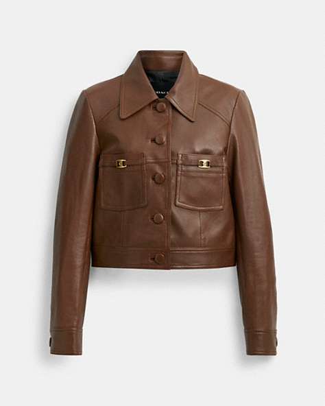 COACH®,SHRUNKEN LEATHER JACKET,Brown,Front View