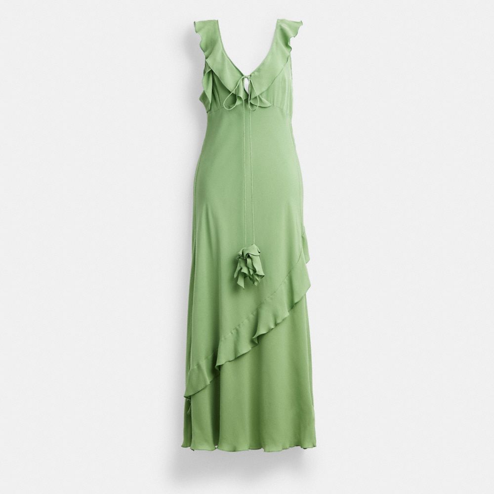 COACH®,V NECK BIAS DRESS,Silk,Green,Front View