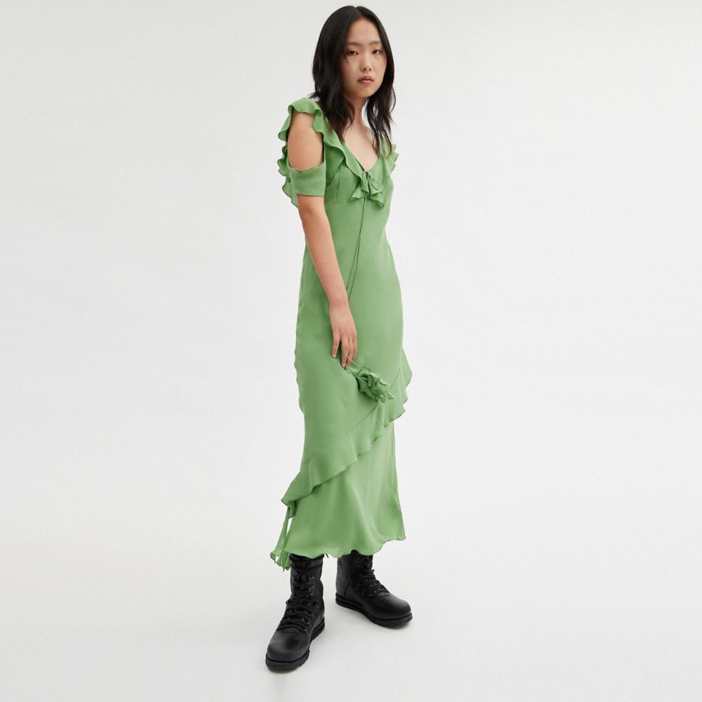 COACH®,V NECK BIAS DRESS,Green,Scale View