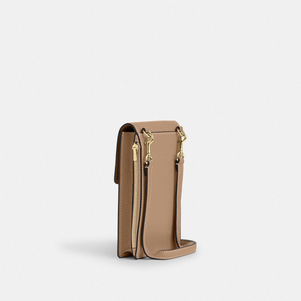 COACH®,NORTH SOUTH PHONE CROSSBODY,Crossgrain Leather,Mini,Everyday,Gold/Taupe,Angle View
