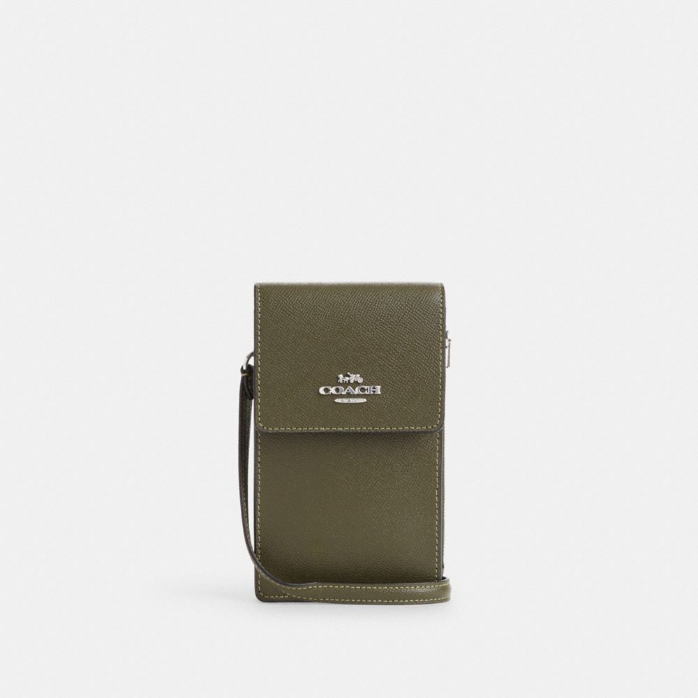 COACH®,NORTH SOUTH PHONE CROSSBODY,Crossgrain Leather,Mini,Everyday,Silver/Olive Drab,Front View