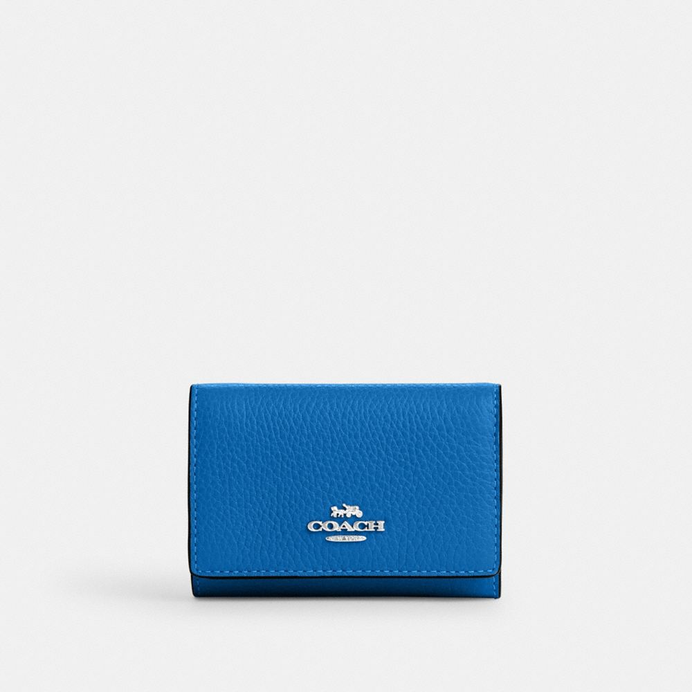 COACH®,MICROPORTEFEUILLE,Cuir maroquiné,Argent/Bleu vif,Front View