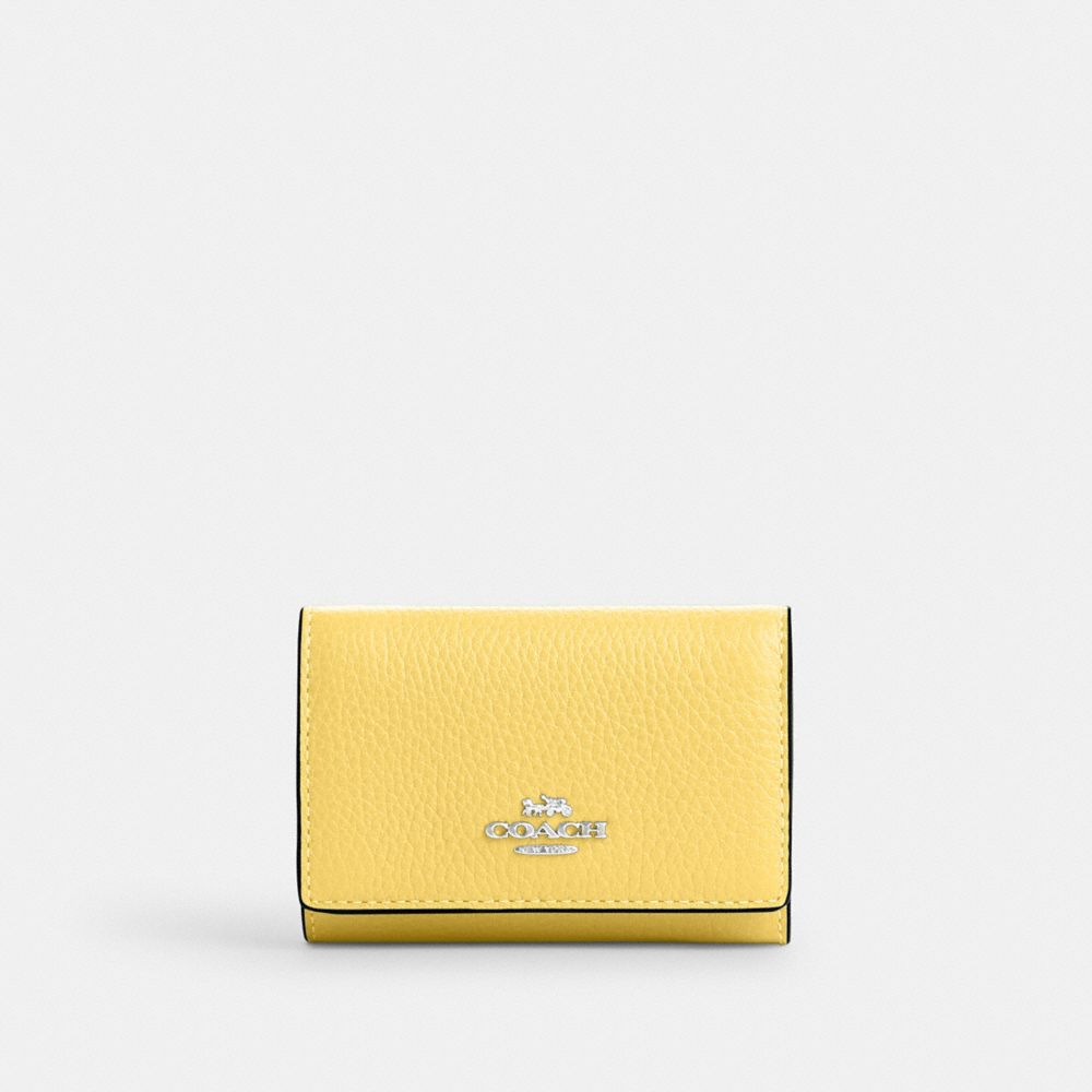 COACH®,MICRO WALLET,Pebbled Leather,Mini,Silver/Retro Yellow,Front View