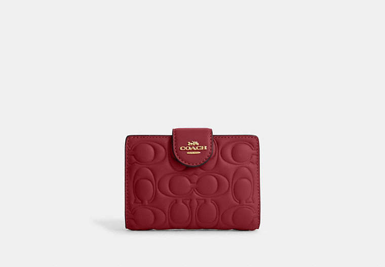COACH®,MEDIUM CORNER ZIP WALLET WITH SIGNATURE LEATHER,Leather,Gold/Cherry,Front View image number 0