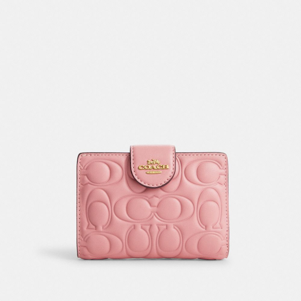 COACH®,MEDIUM CORNER ZIP WALLET WITH SIGNATURE LEATHER,Smooth Leather,Mini,Gold/Light Blush,Front View