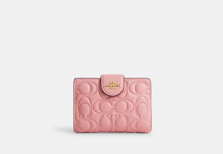 COACH®,MEDIUM CORNER ZIP WALLET WITH SIGNATURE LEATHER,Leather,Mini,Gold/Light Blush,Front View