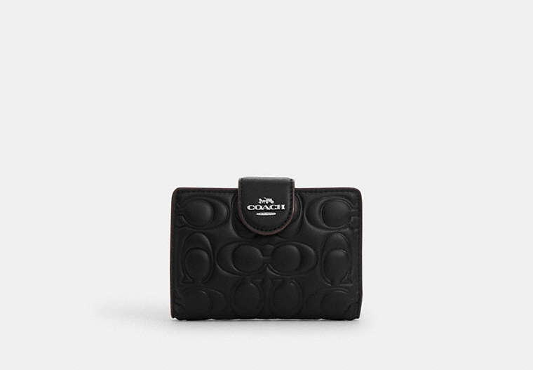 COACH®,MEDIUM CORNER ZIP WALLET WITH SIGNATURE LEATHER,Leather,Silver/Black,Front View