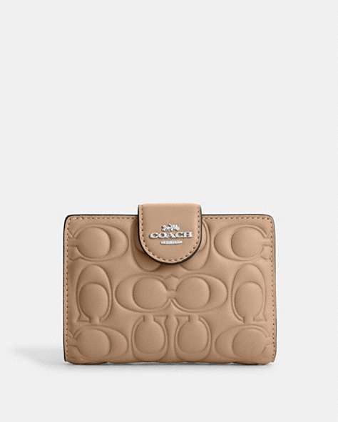 COACH®,MEDIUM CORNER ZIP WALLET WITH SIGNATURE LEATHER,Leather,Mini,Silver/Taupe,Front View