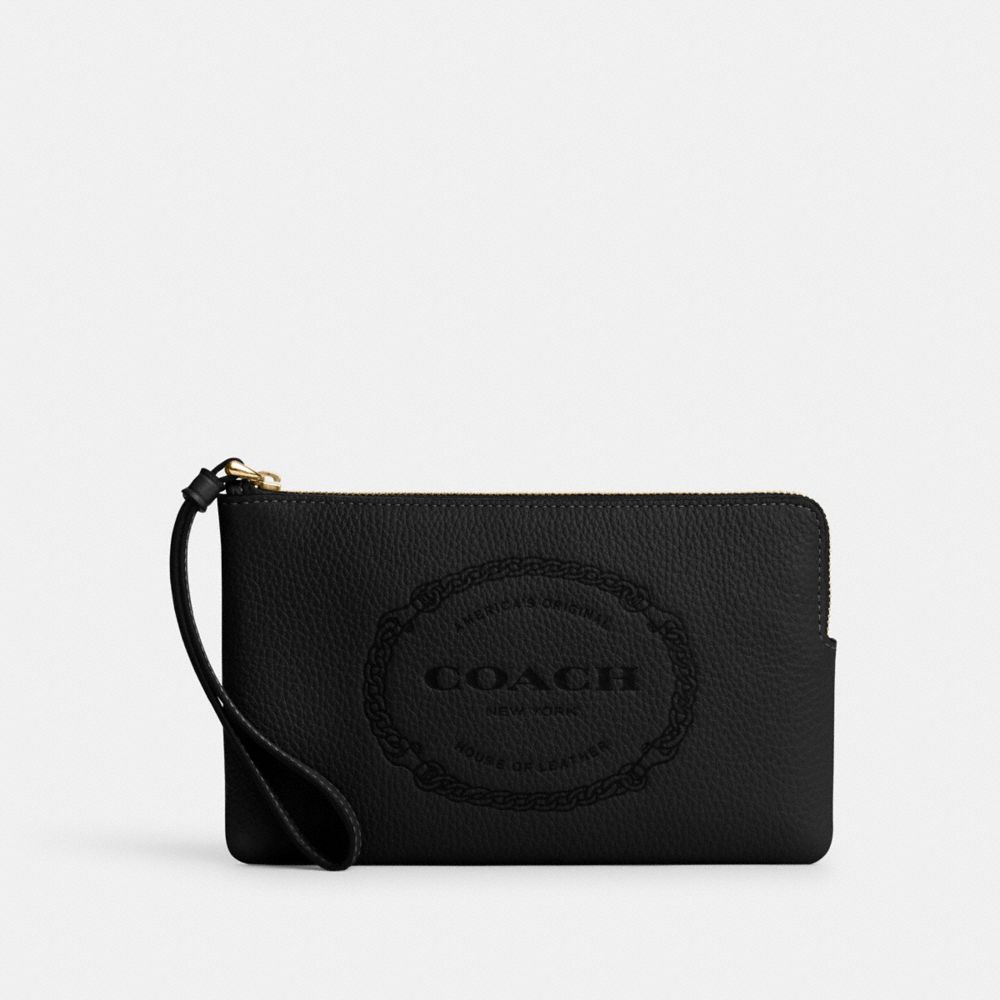 COACH®,LARGE CORNER ZIP WRISTLET WITH COACH HERITAGE,Novelty Leather,Mini,Gold/Black,Front View