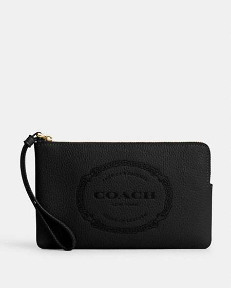 COACH®,LARGE CORNER ZIP WRISTLET WITH COACH HERITAGE,Leather,Mini,Gold/Black,Front View