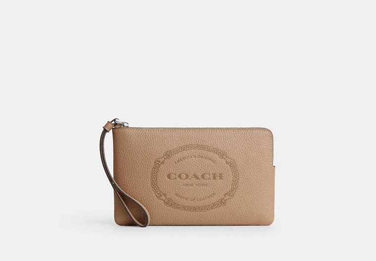 COACH®,LARGE CORNER ZIP WRISTLET WITH COACH HERITAGE,Leather,Mini,Silver/Taupe,Front View