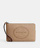 COACH®,LARGE CORNER ZIP WRISTLET WITH COACH HERITAGE,Leather,Mini,Silver/Taupe,Front View