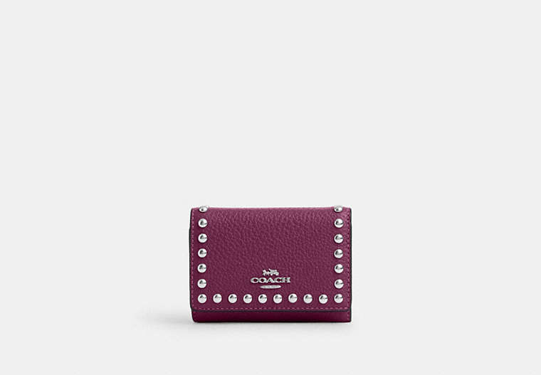 COACH®,MICRO WALLET WITH RIVETS,Mixed Material,Silver/Deep Berry,Front View