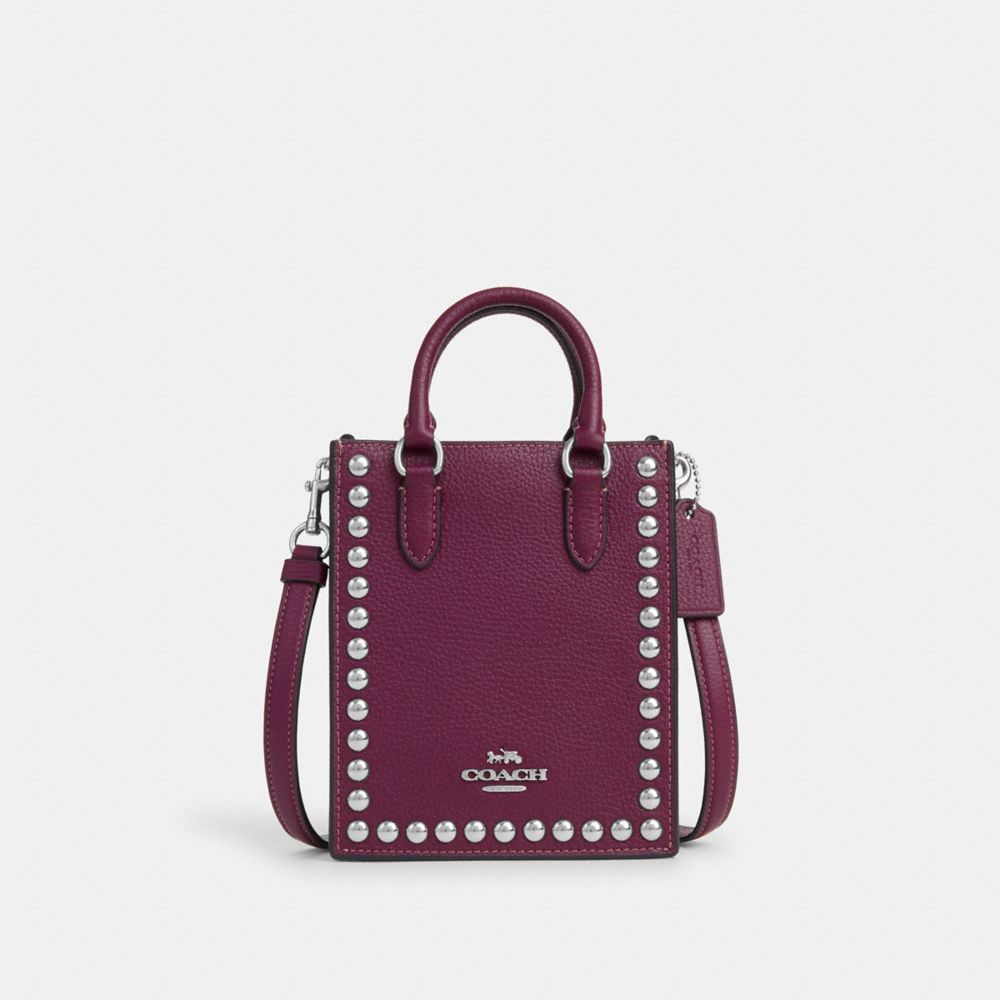 COACH®,NORTH SOUTH MINI TOTE WITH RIVETS,Novelty Leather,Mini,Silver/Deep Berry,Front View