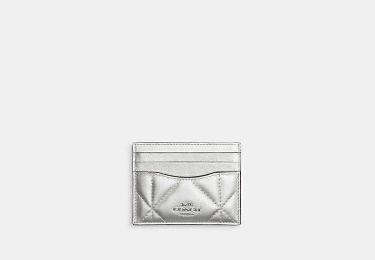 COACH®,SLIM ID CARD CASE IN SILVER METALLIC WITH PUFFY DIAMOND QUILTING,Leather,Silver/Metallic Silver,Front View