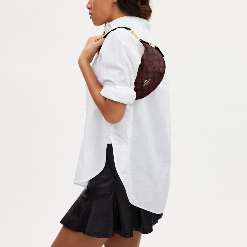 COACH®,Mini Payton In Signature Canvas,Canvas,Shoulder Bag,Chain Detail,Logo,Gold Metal,Casual,Maroon,Detail View