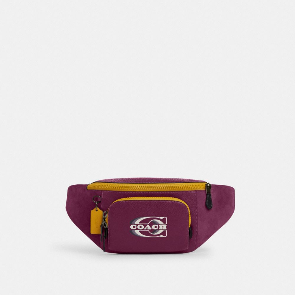 COACH®,TRACK BELT BAG IN COLORBLOCK WITH COACH STAMP,Suede,Medium,Black Antique Nickel/Deep Berry Multi,Front View