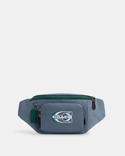 COACH®,TRACK BELT BAG IN COLORBLOCK WITH COACH STAMP,Suede,Medium,Black Antique Nickel/Light Mist Multi,Front View
