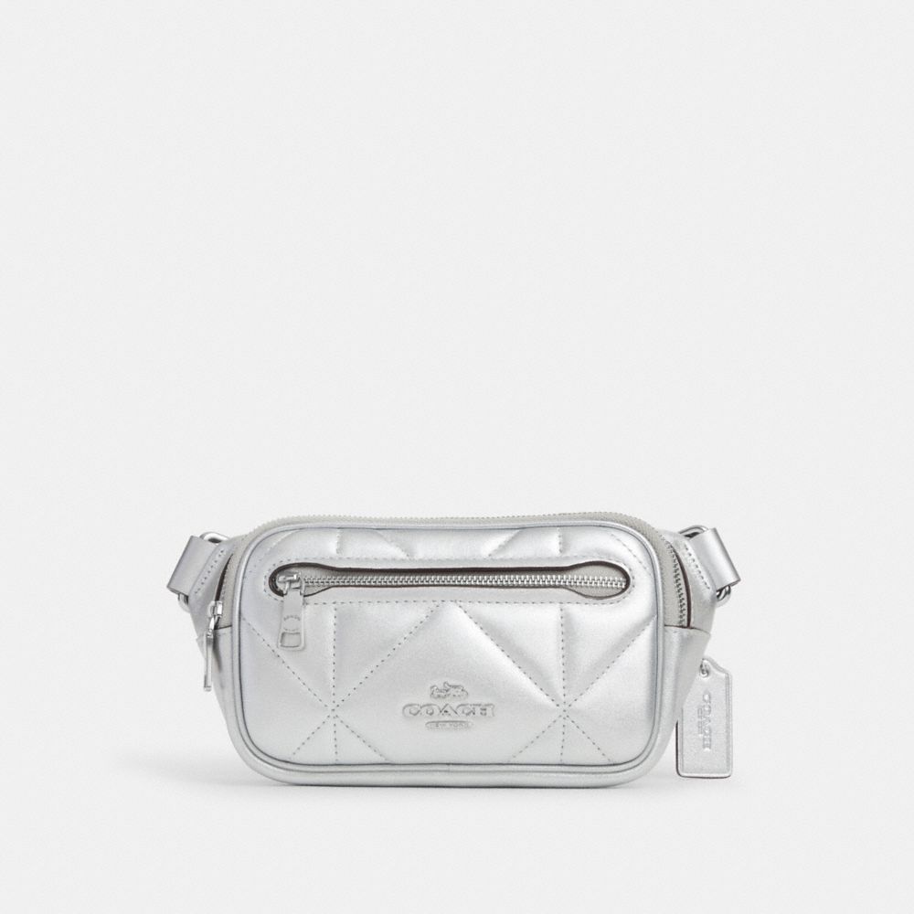 COACH®,MINI BELT BAG IN SILVER METALLIC WITH PUFFY DIAMOND QUILTING,Novelty Leather,Mini,Silver/Metallic Silver,Front View