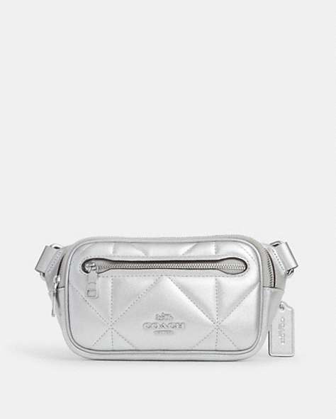 COACH®,MINI BELT BAG IN SILVER METALLIC WITH PUFFY DIAMOND QUILTING,Leather,Mini,Silver/Metallic Silver,Front View