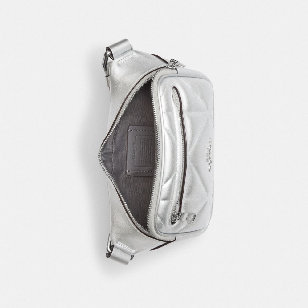COACH®,MINI BELT BAG IN SILVER METALLIC WITH PUFFY DIAMOND QUILTING,Novelty Leather,Mini,Silver/Metallic Silver,Inside View,Top View